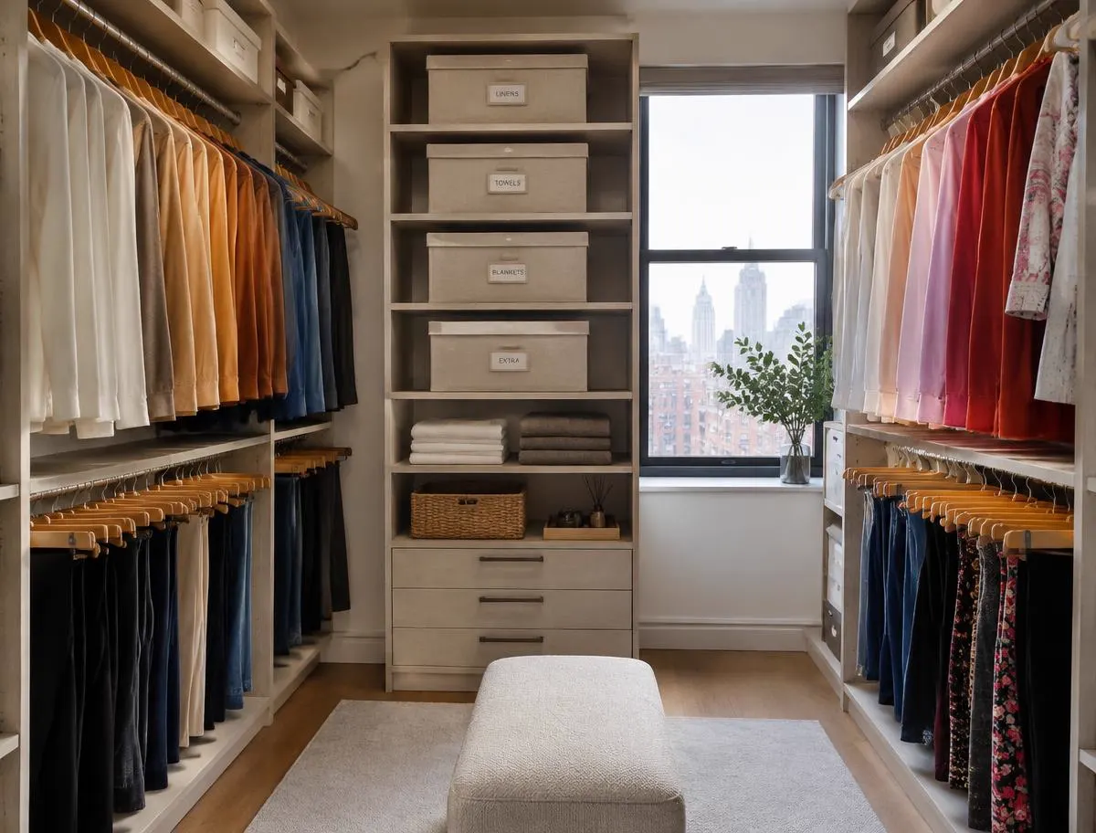 Upper West Side closet after organizing with matching hangers and labeled boxes