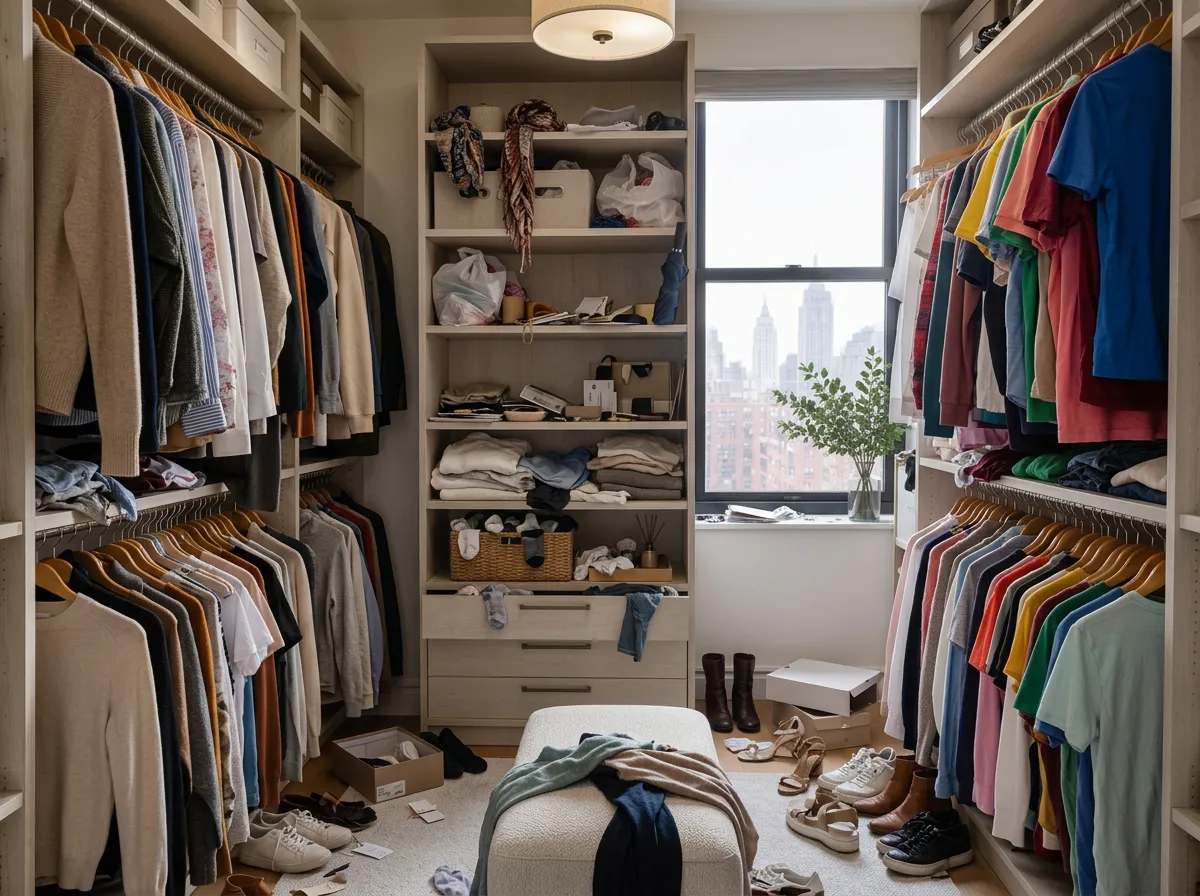 Clothes crowded together in a closet before organizing