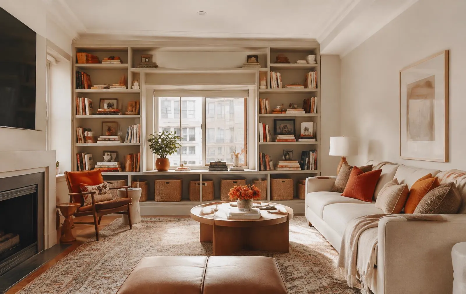 Professional home organizer NYC — calm, organized Manhattan living room with built-in shelves